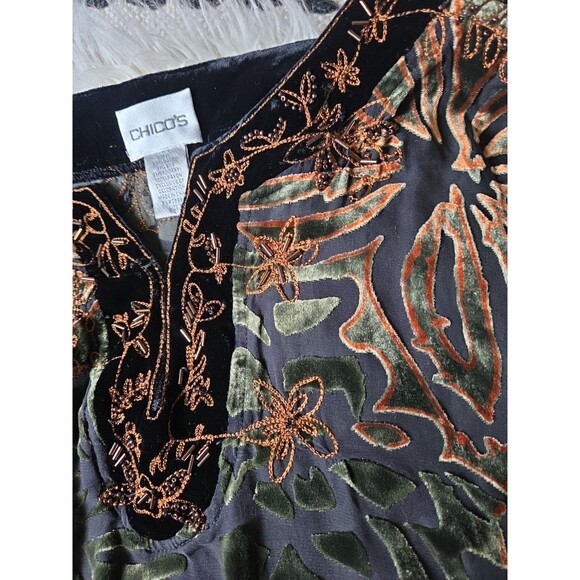 Chico's Sheer Velvet Burnout Leaf Small Beaded Tunic Top 0/Small Fall Colors - Picture 4 of 11